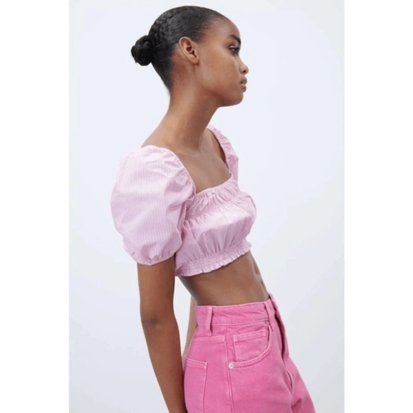 Zara Pink Puff Sleeve Crop Top - Picture 2 of 6